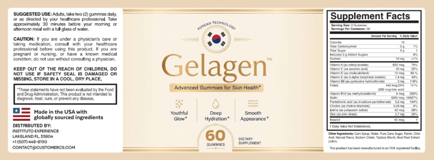 Gelagen Skin Gummies label with Supplement Facts